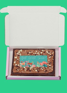 <p>Introducing the baked delights of Simply Cake Co: the perfect treats to make an occasion extra special (and sweet), delivered directly through your loved one's letterbox!</p><p>Why just send a card to say get well soon when you can send them a mind-blowingly good brownie as well? Go the extra mile to cheer up a loved one with a super gooey, sharing-size slab of chocolate brownie that'll surely have them making a speedy recovery - 'cos chocolate makes everything better, right? This indulgent brownie slab is topped with real Belgian chocolate, white, milk and dark chocolate sprinkles, and an edible 'Get Well Soon!' floral design for the finishing touch!</p><p>These are handmade in the UK with the best ingredients including proper butter, free-range eggs, Belgian chocolate AND gluten free flour so that more people can enjoy their great taste! Simply Cake Co. baked goods&nbsp;are packed full of chocolate, which gives them a shelf life of a good 10 days on arrival. Keep them wrapped up tight, or freeze if you want to keep them longer! Serves 4.</p><p><strong>Please note that this product is fulfilled by our partner Simply Cake Co. and therefore will be sent separately to our other cards and gifts.</strong></p><p>Ingredients:</p><p>Caster sugar, Chocolate (Cocoa mass, Sugar, Cocoa butter, whole&nbsp;<strong>MILK&nbsp;</strong>powder, emulsifier&nbsp;<strong>SOY&nbsp;</strong>Lecithin, Natural Vanilla flavouring), White Chocolate (Sugar, Cocoa butter, whole&nbsp;<strong>MILK&nbsp;</strong>powder, emulsifier&nbsp;<strong>SOY</strong>&nbsp;Lecithin, Natural Vanilla flavouring), Butter (<strong>MILK</strong>, salt), free-range&nbsp;<strong>EGG</strong>, gluten-free flour blend (pea, rice, potato, tapioca, maize, buckwheat), cocoa powder, mixed chocolate sprinkles (sugar, whole&nbsp;<strong>MILK&nbsp;</strong>powder, cocoa butter, cocoa mass, skimmed&nbsp;<strong>MILK</strong>&nbsp;powder, emulsifier&nbsp;<strong>SOYA</strong>&nbsp;lecithin, flavour, vanillin), xanthan gum, wafer paper (Potato Starch, Water, Olive Oil, maltodextrin) icing (Water, starch (maize), dried glucose syrup, humectant: glycerine, sweetner: sorbitol, colour: titanium dioxide, vegetable oil (rapeseed), thickener: cellulose, emulsifier: polysorbate 80 flavouring, vanillin, sucralose), colourings ( water, humectant, E1520, E422, food colouring ( e120, e122, acidity regulator e330, e151, e110, e102).</p><p><strong>For allergens please see above in bold.</strong>&nbsp;Made in a bakery that handles&nbsp;<strong>MILK, EGGS, SOYA, NUTS &amp; PEANUTS</strong>&nbsp;therefore may contain traces. Coeliac-friendly. Not suitable for vegetarians.</p>